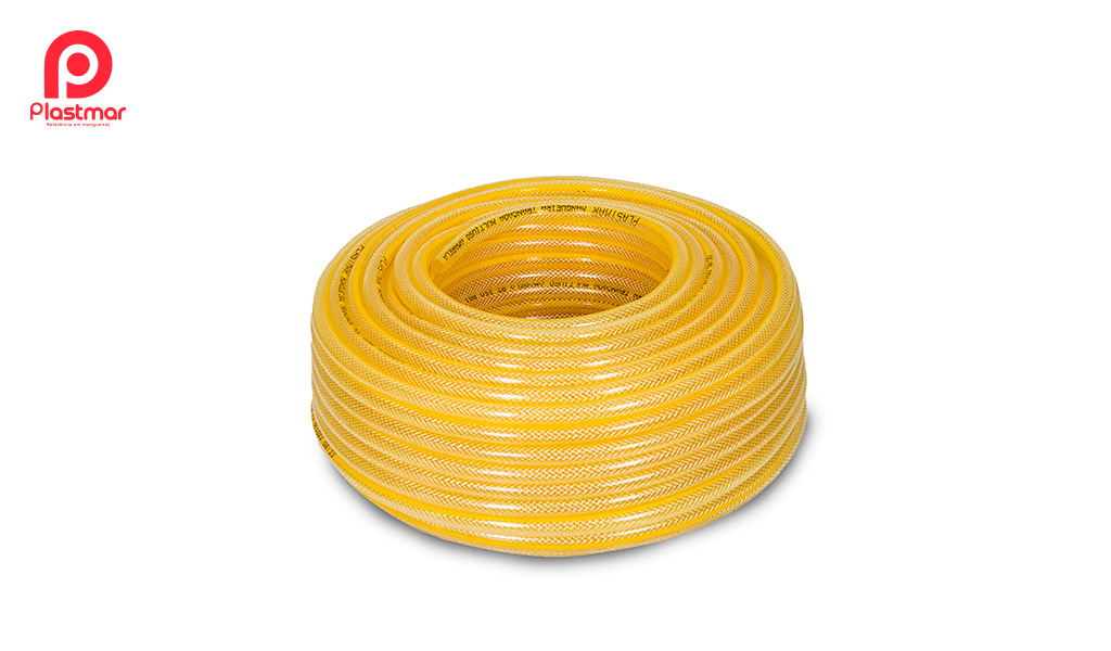 MANGUEIRA PLASTMAR MULTIUSO TRANCADA COM TARJA 3/8” AMARELA ROLO C/50M