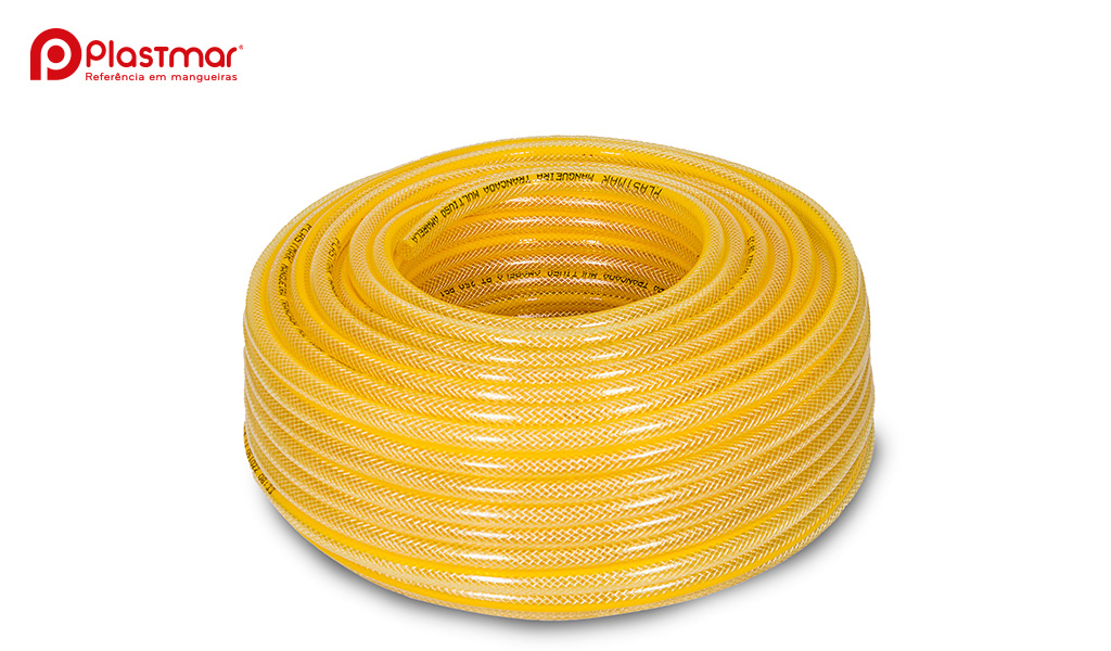 MANGUEIRA PLASTMAR MULTIUSO REFORCADA COM TARJA 3/8” AMARELA ROLO C/50M