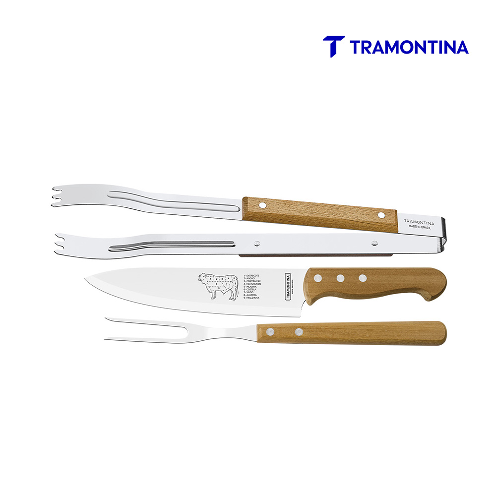 JOGO TRAMONTINA CHURRASCO DYNAMIC C/CABO DE MADEIRA C/3 PEÇAS