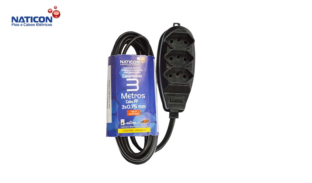EXTENSAO NATICON PP 2P+T 3X0,75MM 3M PR S