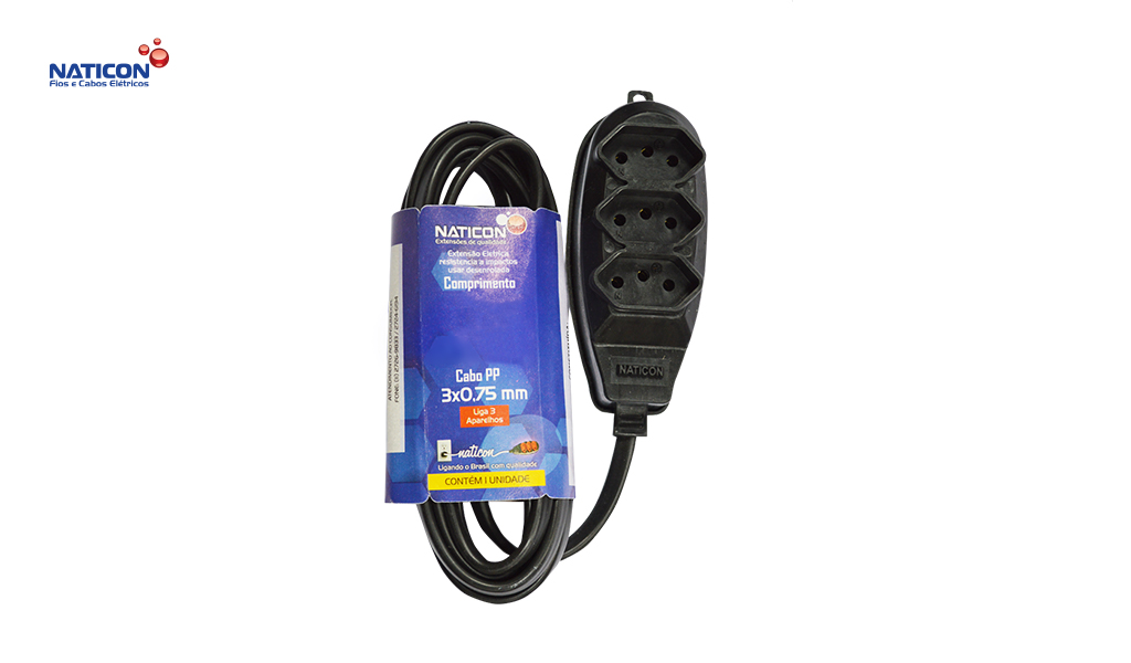 EXTENSAO NATICON PP 2P+T 3X0,75MM 5M PR S