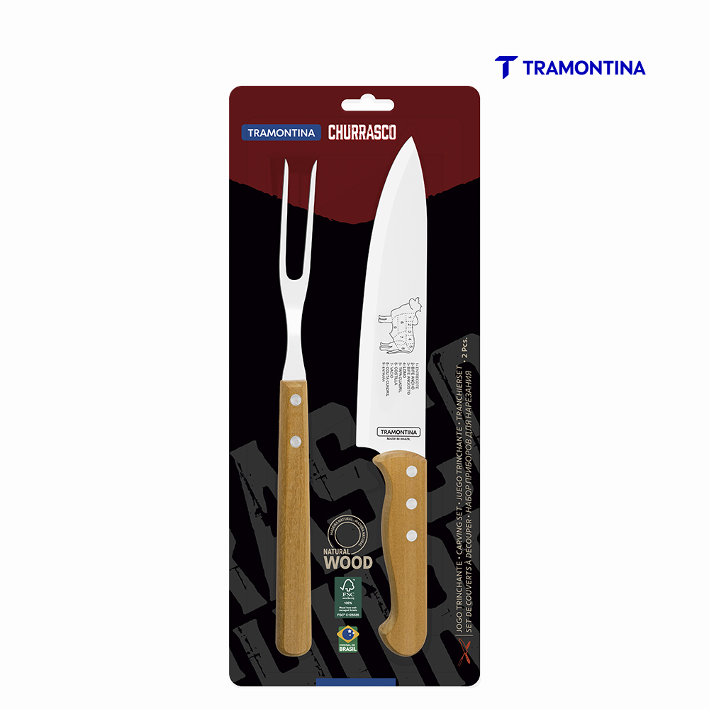 KIT CHURRASCO TRAMONTINA TRICHANTE CABO MADEIRA 2 PECAS