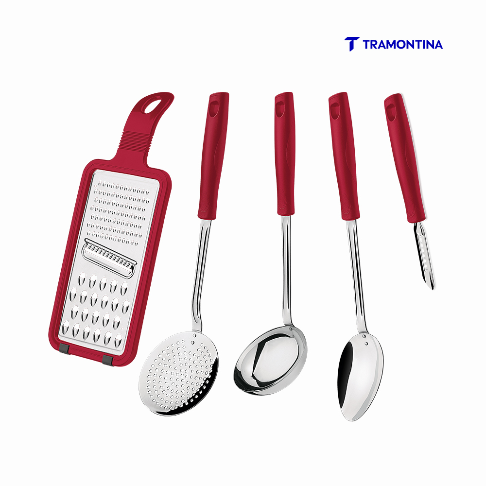 KIT UTENSILIOS TRAMONTINA EASY EM ACO INOX 5 PECAS VERMELHO