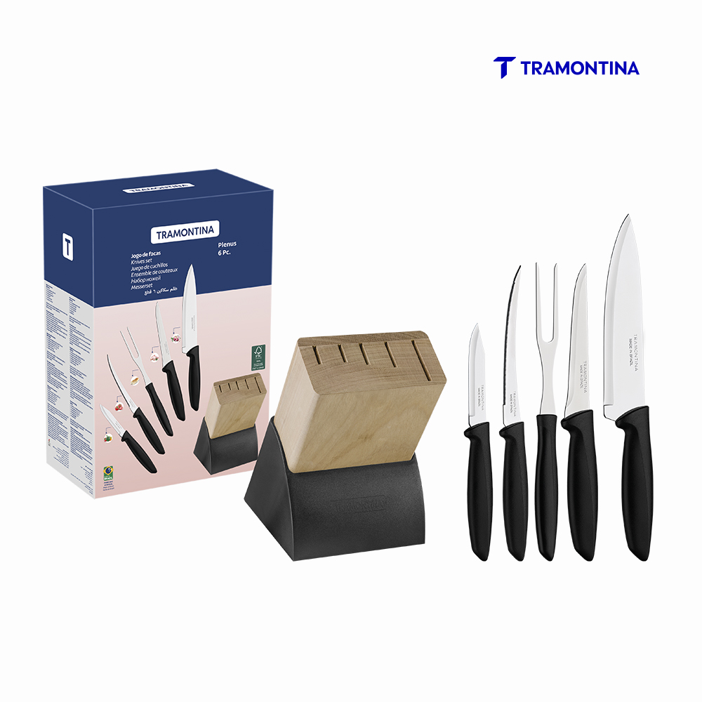 JOGO DE FACAS TRAMONTINA INOX PLENUS 6 PEÇAS C/SUPORTE MADEIRA