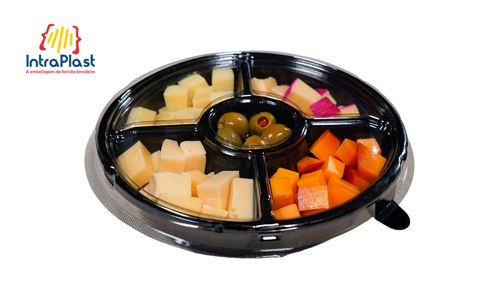 BANDEJA INTRAPLAST PETISCARIA C/DIVISÃO I-540 BASE PRETA 400ML C/100 UNIDADES