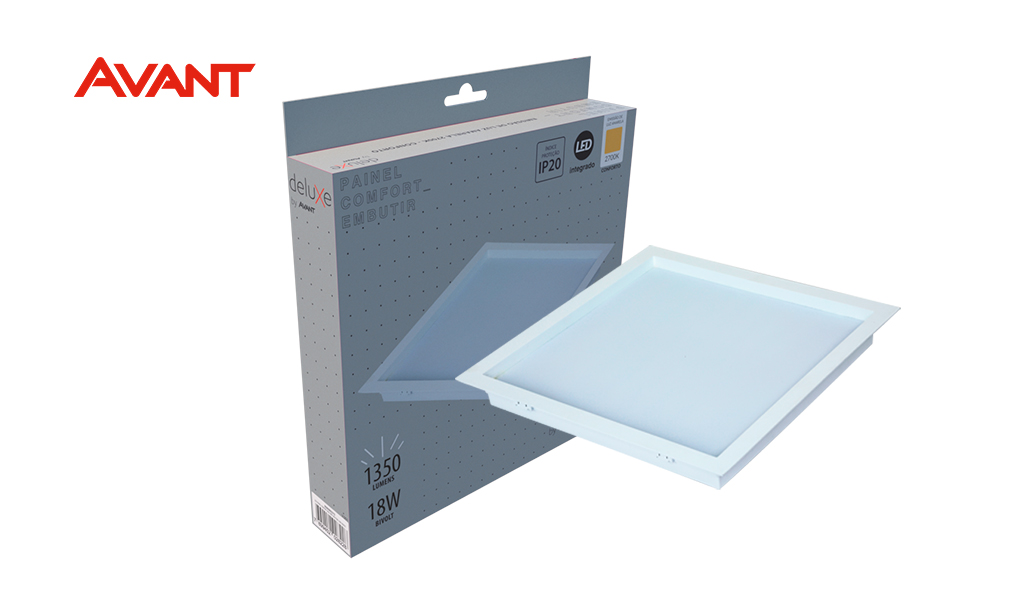 LUMINARIA AVANT LED LINHA COMFORT ABS 18W EMBUTIR QUADRADO BRANCO FOSCO - COR LUZ AMARELA 2700K
