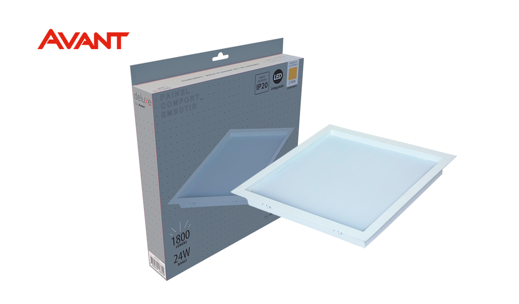 LUMINARIA AVANT LED LINHA COMFORT ABS 24W EMBUTIR QUADRADO BRANCO FOSCO - COR LUZ AMARELA 2700K