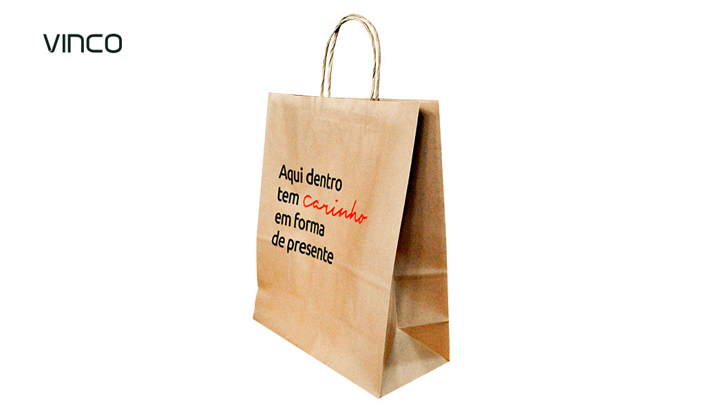 SACOLA KRAFT VINCO 32X30X17MM TAMANHO G COM IMPRESSAO ”AQUI TEM CARINHO” COM 25 UNIDADES
