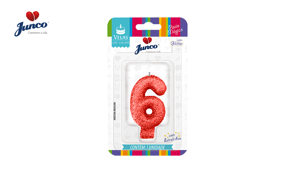 VELA JUNCO ANIVERSARIO LIVE COLORS COM GLITTER NUMERO - 6 COM A COR VERMELHA