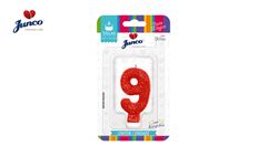 VELA JUNCO ANIVERSARIO LIVE COLORS COM GLITTER NUMERO - 9 COM A COR VERMELHA