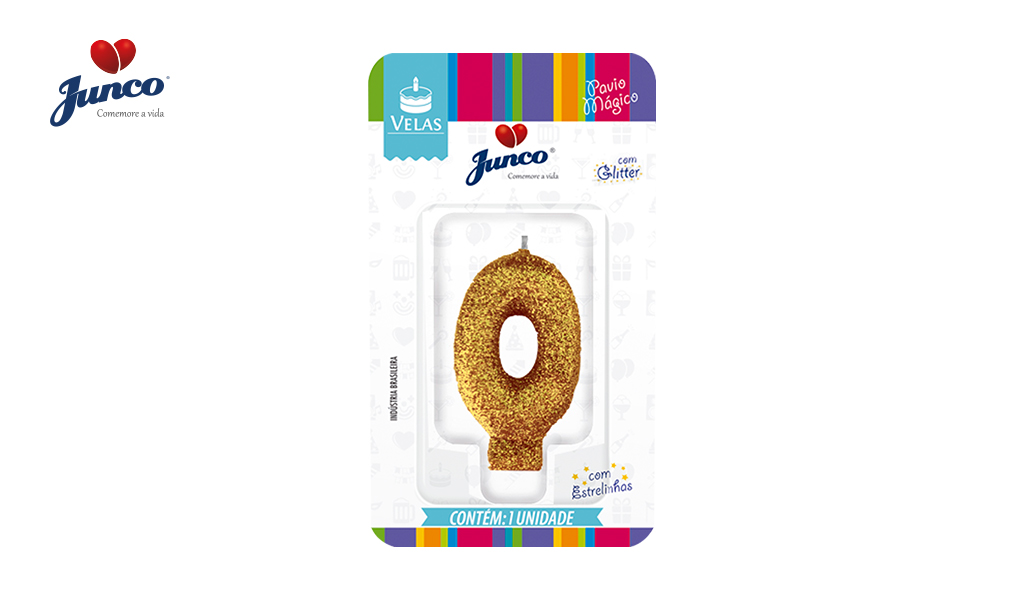VELA JUNCO ANIVERSARIO LIVE COLORS COM GLITTER NUMERO - 0 COM A COR OURO