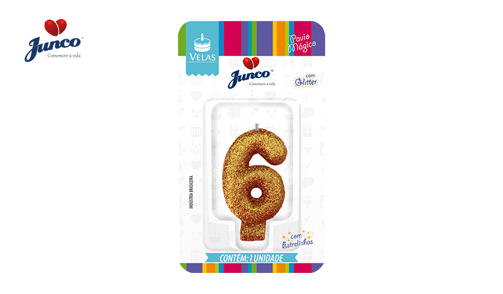 VELA JUNCO ANIVERSARIO LIVE COLORS COM GLITTER NUMERO - 6 COM A COR OURO