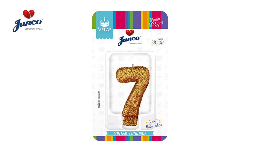 VELA JUNCO ANIVERSARIO LIVE COLORS COM GLITTER NUMERO - 7 COM A COR OURO