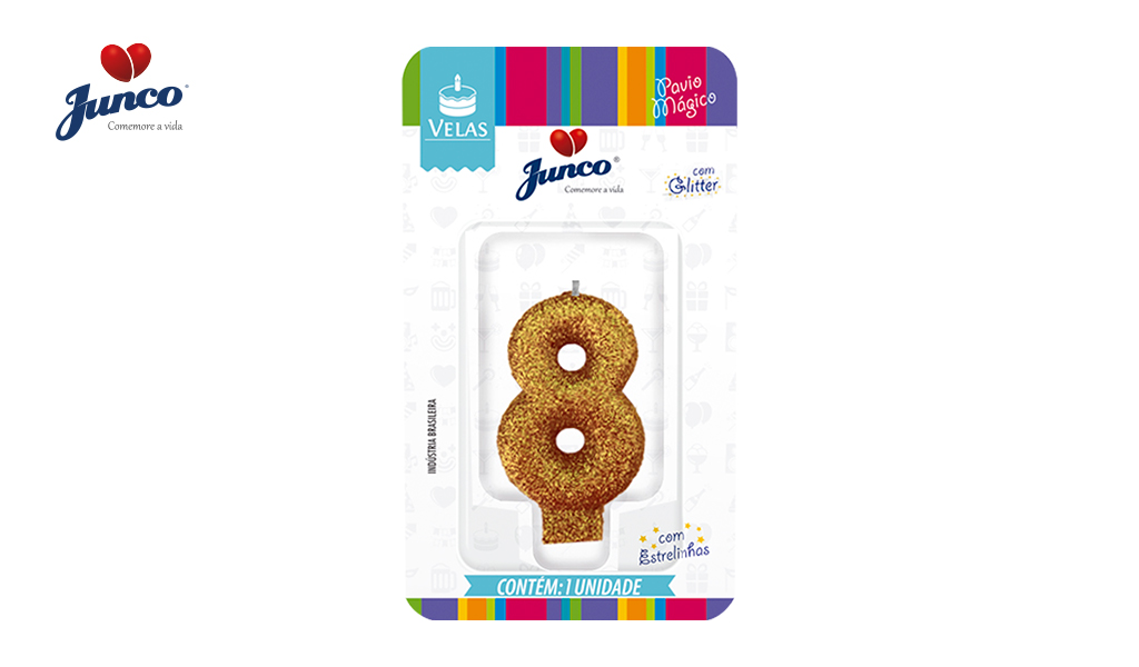 VELA JUNCO ANIVERSARIO LIVE COLORS COM GLITTER NUMERO - 8 COM A COR OURO