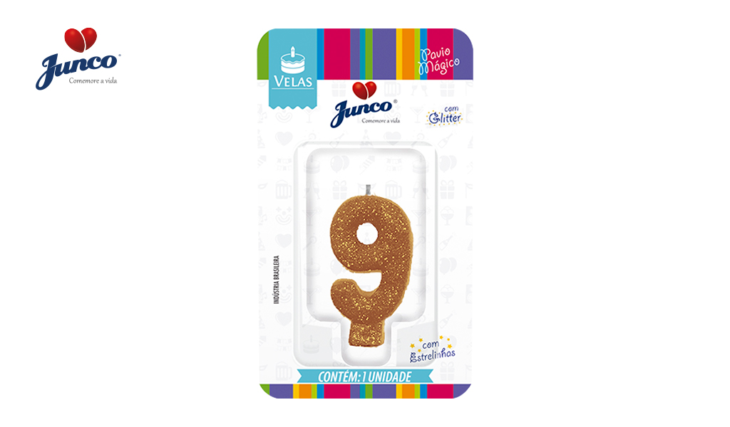 VELA JUNCO ANIVERSARIO LIVE COLORS COM GLITTER NUMERO - 9 COM A COR OURO