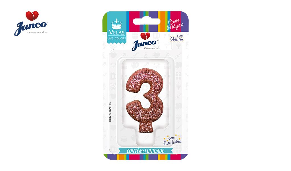 VELA JUNCO ANIVERSARIO LIVE COLORS COM GLITTER NUMERO - 3 COM A COR GOLD ROSE