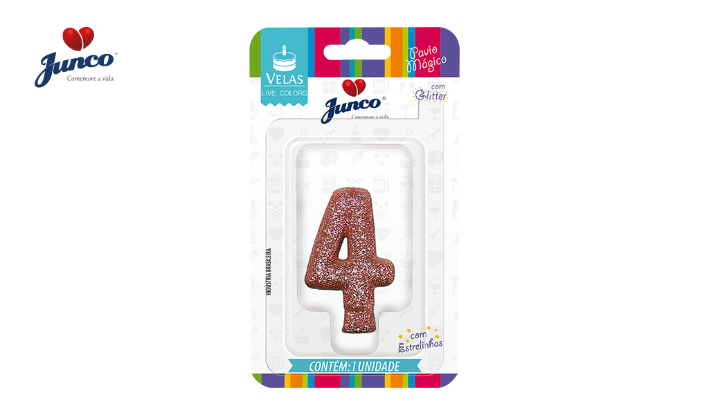 VELA JUNCO ANIVERSARIO LIVE COLORS COM GLITTER NUMERO - 4 COM A COR GOLD ROSE