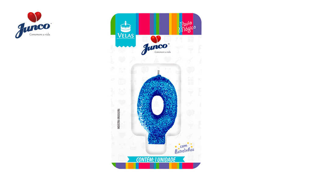 VELA JUNCO ANIVERSARIO LIVE COLORS COM GLITTER NUMERO - 0 COM A COR AZUL