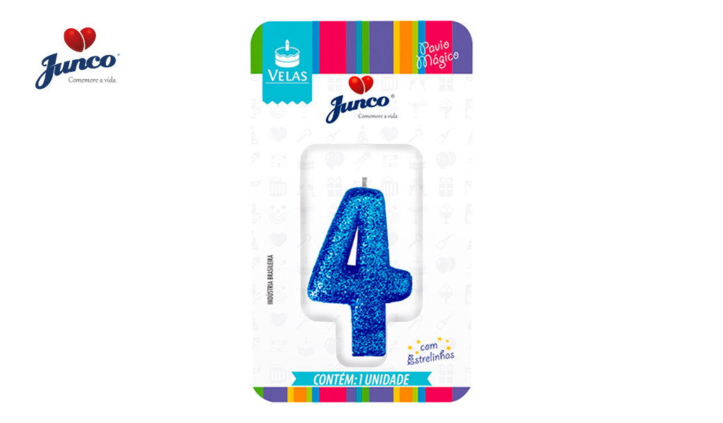 VELA JUNCO ANIVERSARIO LIVE COLORS COM GLITTER NUMERO - 4 COM A COR AZUL
