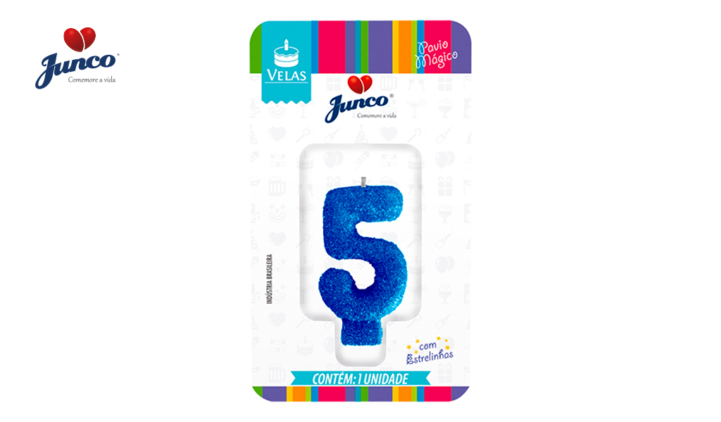 VELA JUNCO ANIVERSARIO LIVE COLORS COM GLITTER NUMERO - 5 COM A COR AZUL