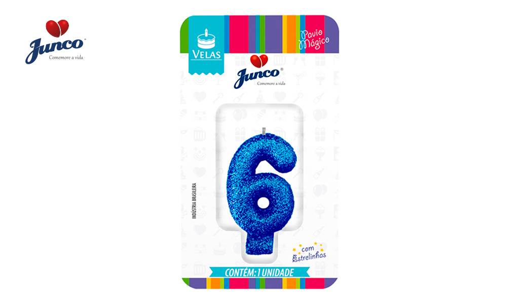 VELA JUNCO ANIVERSARIO LIVE COLORS COM GLITTER NUMERO - 6 COM A COR AZUL