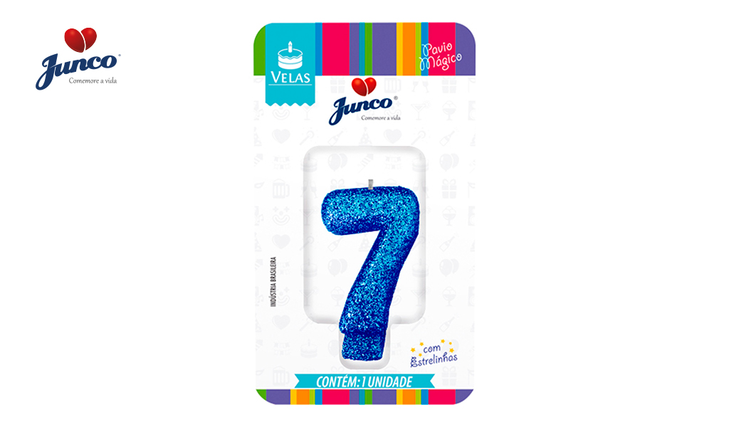 VELA JUNCO ANIVERSARIO LIVE COLORS COM GLITTER NUMERO - 7 COM A COR AZUL