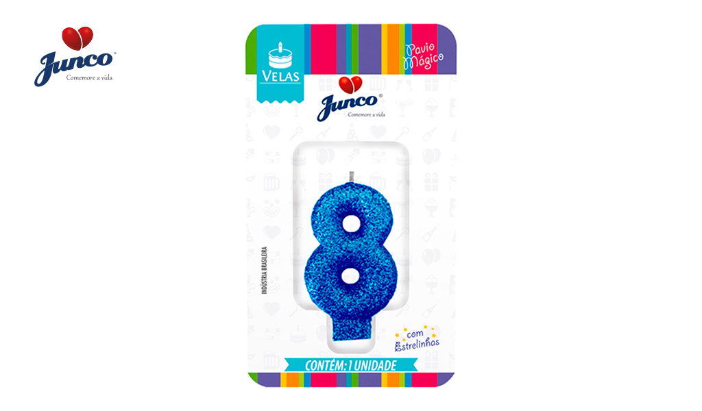 VELA JUNCO ANIVERSARIO LIVE COLORS COM GLITTER NUMERO - 8 COM A COR AZUL