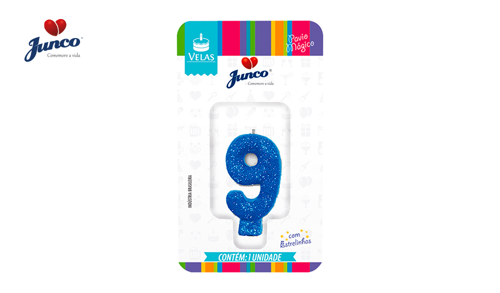 VELA JUNCO ANIVERSARIO LIVE COLORS COM GLITTER NUMERO - 9 COM A COR AZUL