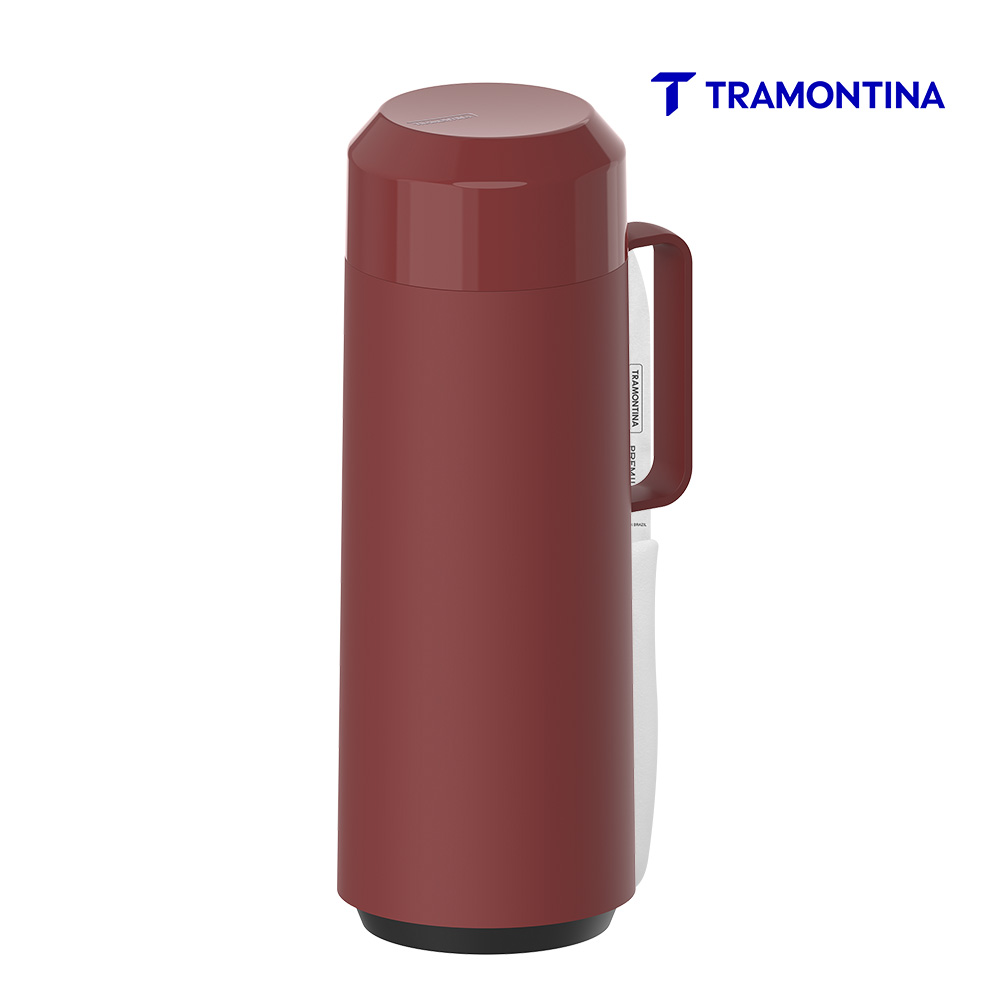 GARRAFA TÉRMICA TRAMONTINA EXATA EM PLÁSTICO VERMELHO COM AMPOLA DE VIDRO E TAMPA ROSQUEÁVEL 1 L