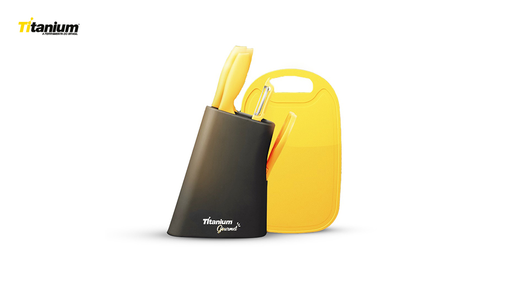 KIT DE FACAS TITANIUM COM TÁBUA E PORTA FACAS PRIME 7 PEÇAS