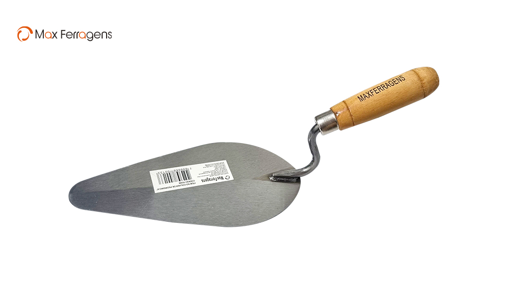 COLHER MAX FERRAGENS P/PEDREIRO 8” - COM CANTO ARREDONDADO E CABO DE MADEIRA.