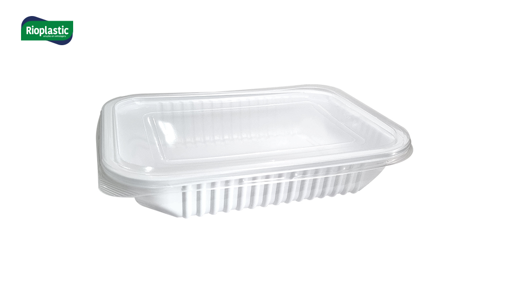 KIT BANDEJA+TAMPA RIOPLASTIC PLASTICO RETANGULAR LISA 1200ML CX C/180 UNID.