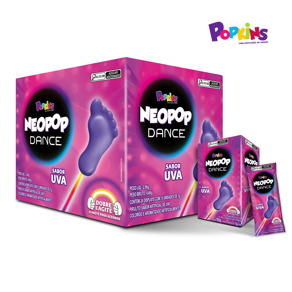 PIRULITO POPKINS DANCE COM HASTE QUE BRILHA NO ESCURO UVA - DISPLAY C/15 UNIDADES