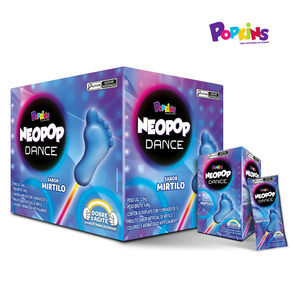 PIRULITO POPKINS DANCE COM HASTE QUE BRILHA NO ESCURO MIRTILLO - DISPLAY C/15 UNIDADES