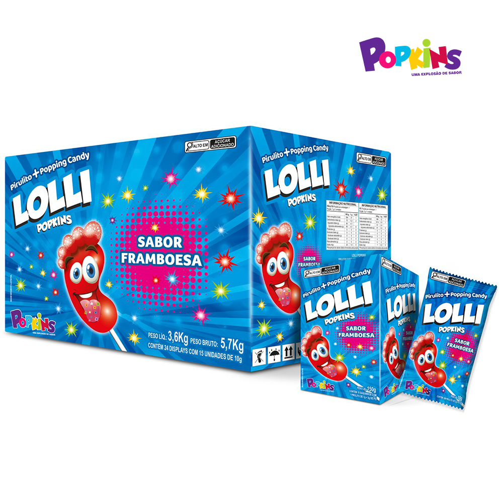PIRULITO POPKINS LOLLI FORMATO DE PÉ COM PÓ EFERVESCENTE SABOR FRAMBOESA - DISPLAY C/15 UNIDADES