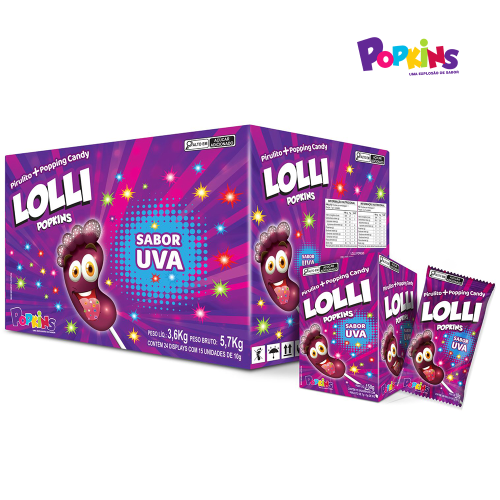 PIRULITO POPKINS LOLLI FORMATO DE PÉ COM PÓ EFERVESCENTE SABOR UVA - DISPLAY C/15 UNIDADES