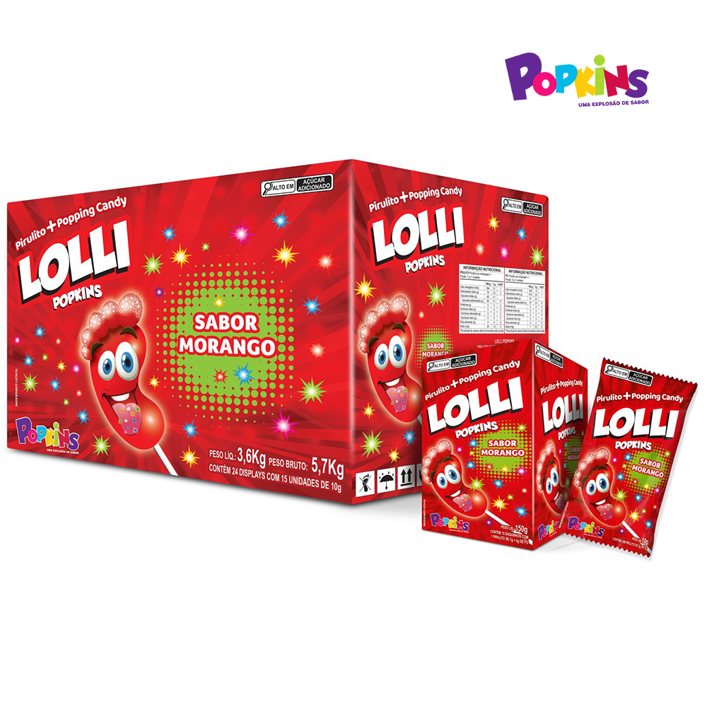 PIRULITO POPKINS LOLLI FORMATO DE PÉ COM PÓ EFERVESCENTE SABOR MORANGO - DISPLAY C/15 UNIDADES