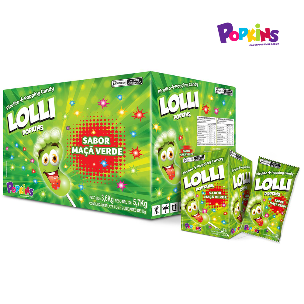 PIRULITO POPKINS LOLLI FORMATO DE PÉ COM PÓ EFERVESCENTE SABOR MAÇÃ VERDE - DISPLAY C/15 UNIDADES