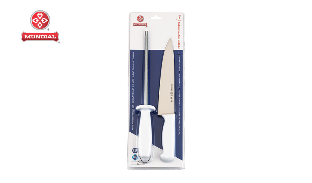 JOGO DE FACA 8”+ CHAIRA 8” MUNDIAL MASTERLINE C/CABO BRANCO