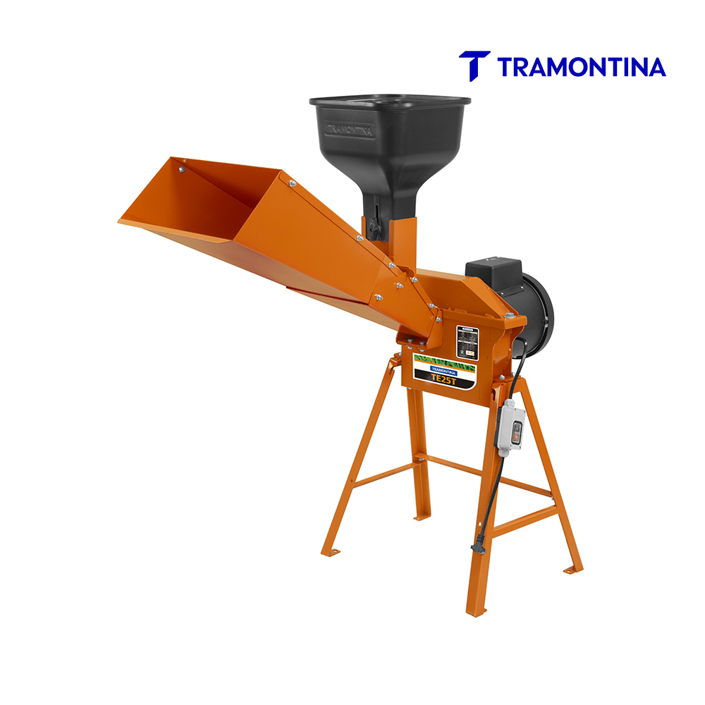 TRITURADOR TRAMONTINA TRAMONTINA TE25T COM SUPORTE TRIANGULAR MOTOR 2 HP BIVOLT E SAÍDA LATERAL COM PROTEÇÃO DE MÃOS.