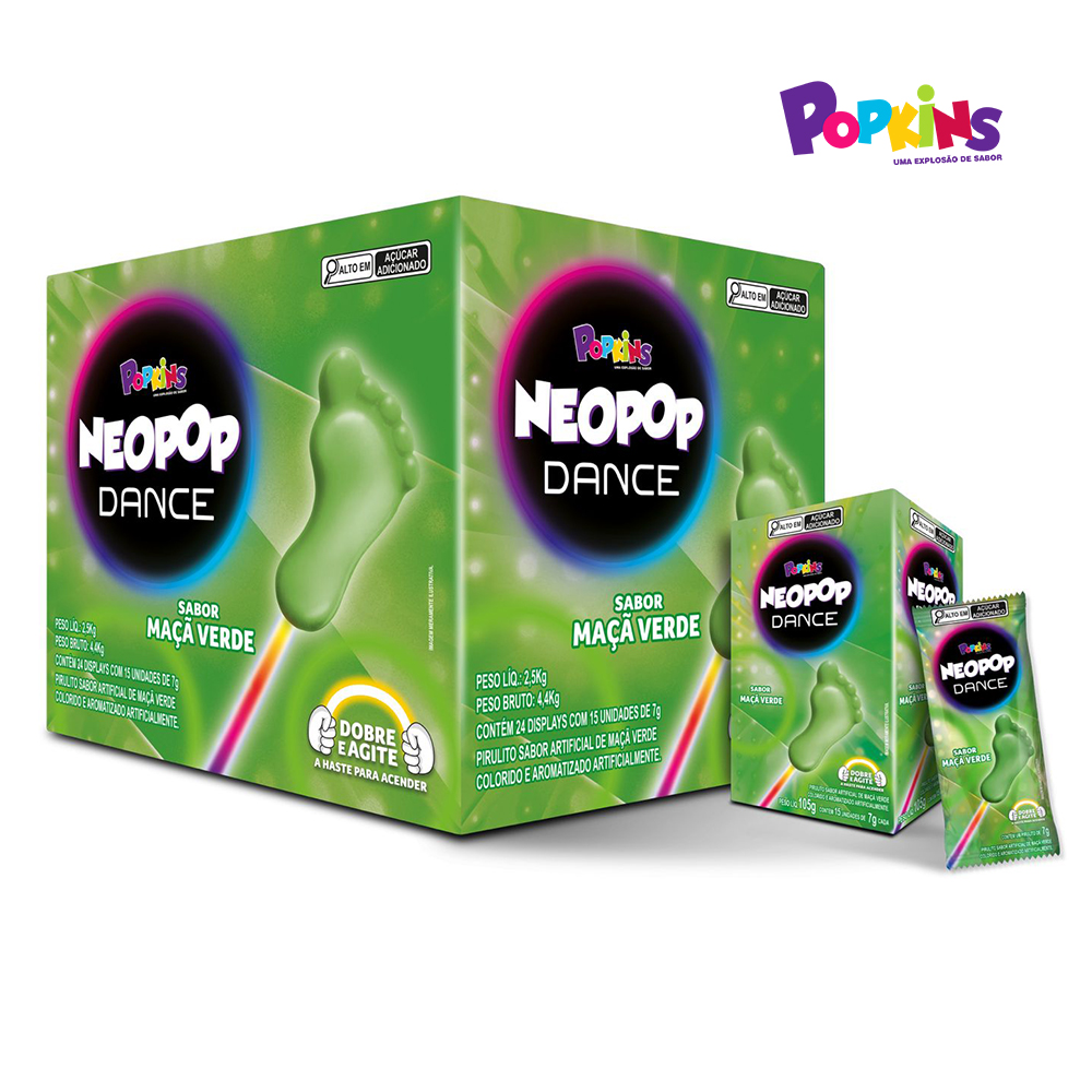 PIRULITO POPKINS DANCE COM HASTE QUE BRILHA NO ESCURO MAÇÃ VERDE - DISPLAY C/15 UNIDADES