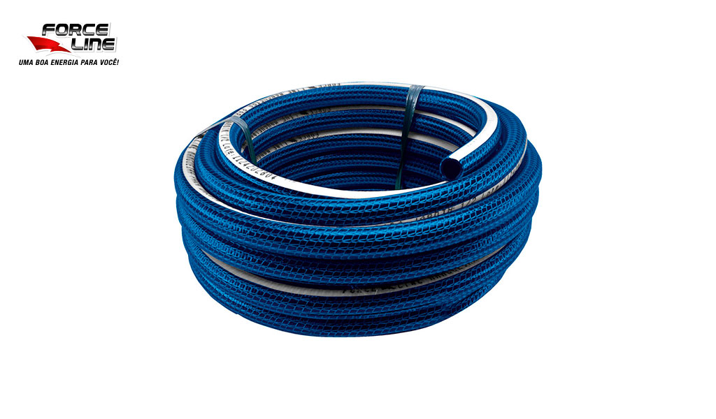 MANGUEIRA FORCELINE ANTI-TORCAO 1/2” X 2,5MM (PAREDE) - ROLO C/100M NA COR AZUL TARJA BRANCA