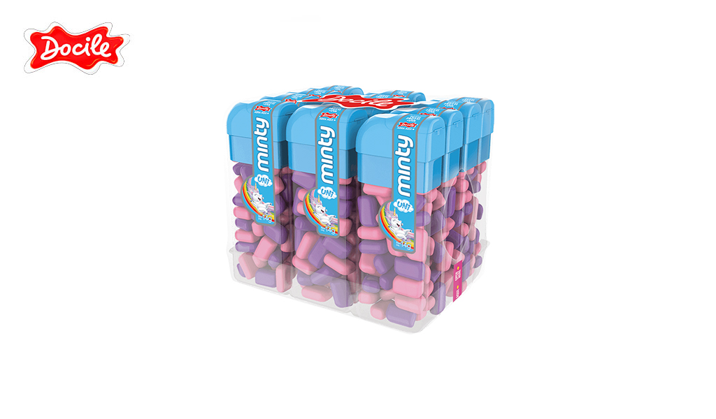 PASTILHA DOCILE MINI MINTY TUTTI-FRUTTI/ UVA UNICORNIO 14G - DISPLAY C/12 POTINHOS