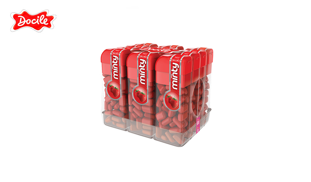 PASTILHA DOCILE MINI MINTY MORANGO V2 14G - DISPLAY C/12 POTINHOS