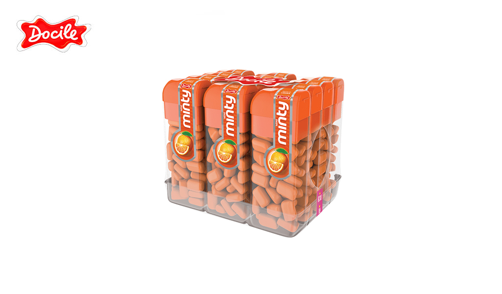 PASTILHA DOCILE MINI MINTY LARANJA V2 14G - DISPLAY C/12 POTINHOS