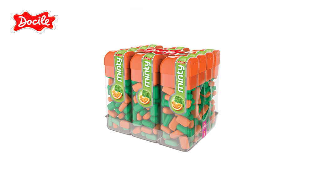 PASTILHA DOCILE MINI MINTY HORTELÃ/LARANJA V2 14G - DISPLAY C/12 POTINHOS
