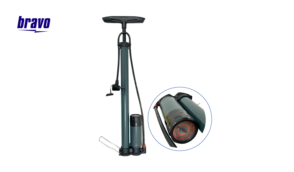 BOMBA BRAVO DE AR MANUAL P/BICICLETA COPO DE METAL C/MANOMETRO