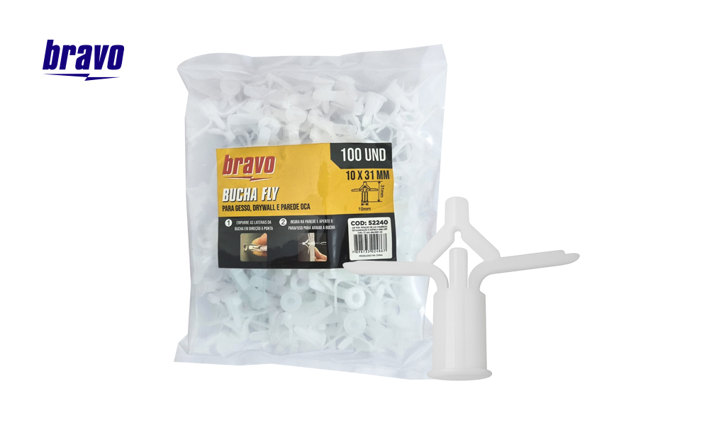 BUCHA BRAVO FLY P/GESSO E DRYWALL 10X45MM C/100 UNIDADES N°10