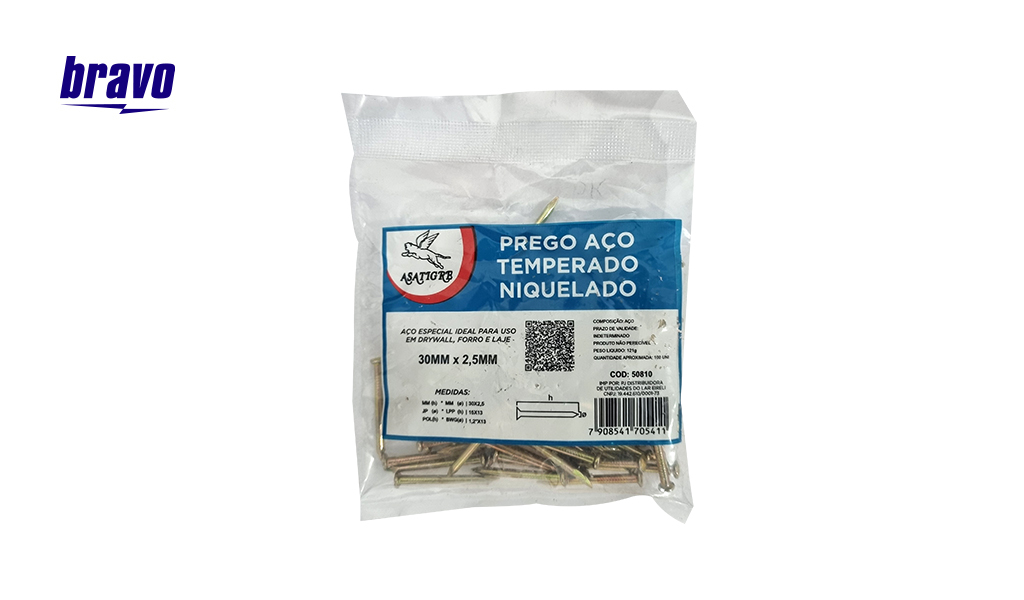 PREGO BRAVO ACO TEMPERADO NIQUELADO 30X2,5MM - PACOTE C/120G