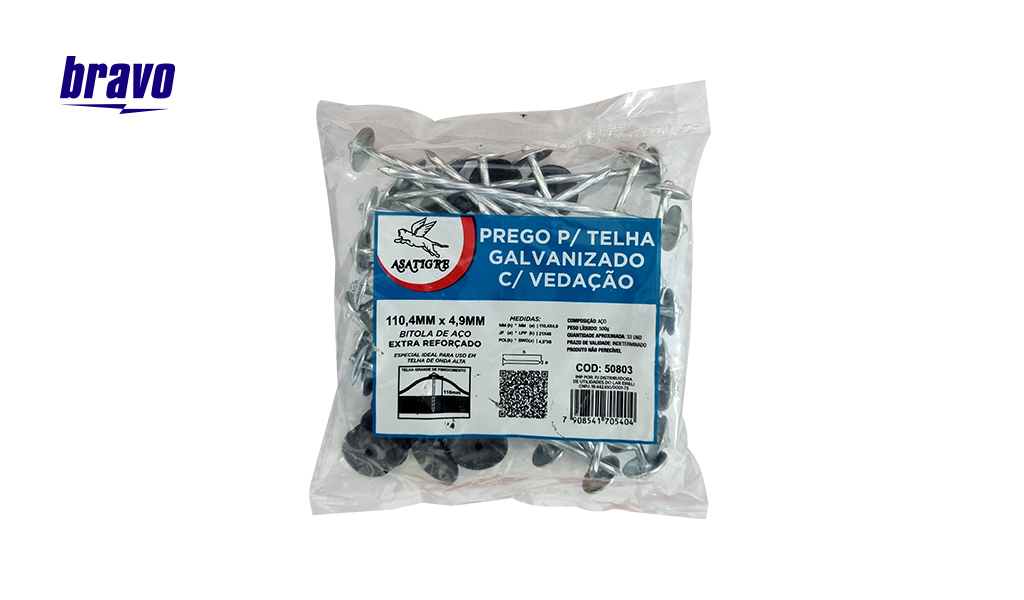 PREGO ASATIGRE P/TELHA 21X48 (110X4,9MM) GALVANIZADO - PACOTE C/500G